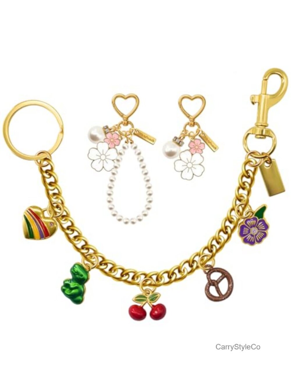 3PC Cherry Pearl Wallet Chain Extender Set with Lobster Clasp Plated Metal